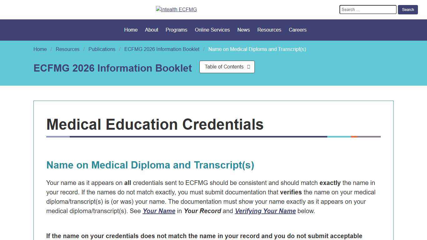 ECFMG 2026 Information Booklet - Name on Medical Diploma and Transcript(s)